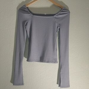 Madewell Grey Ribbed Square-Neck Long-Sleeve Tee